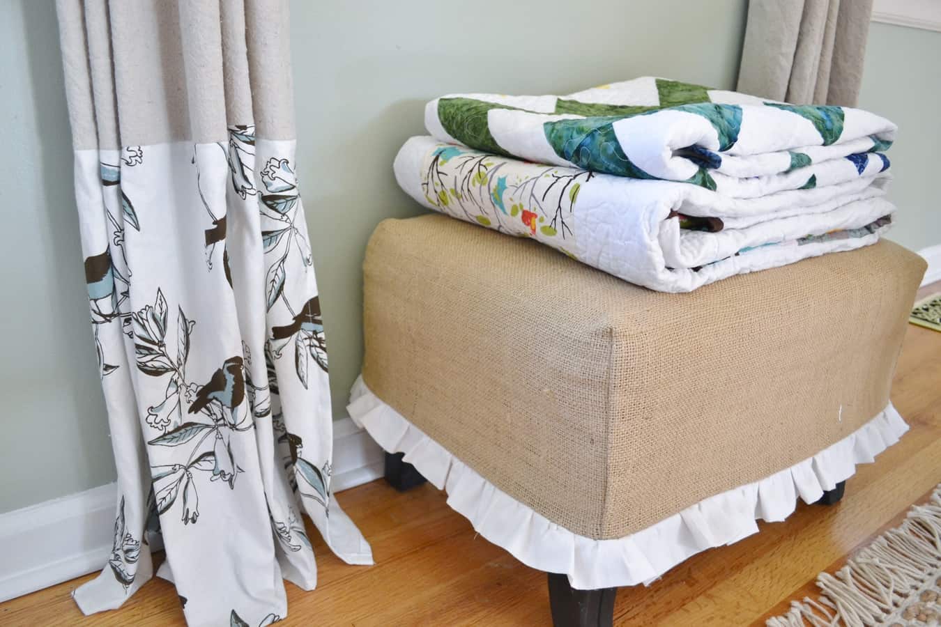 burlap and ruffles ottoman tutorial
