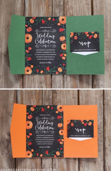 free-floral-chalkboard-invitation-with-green-or-orange-pocketfold-ahandcraftedwedding.com_