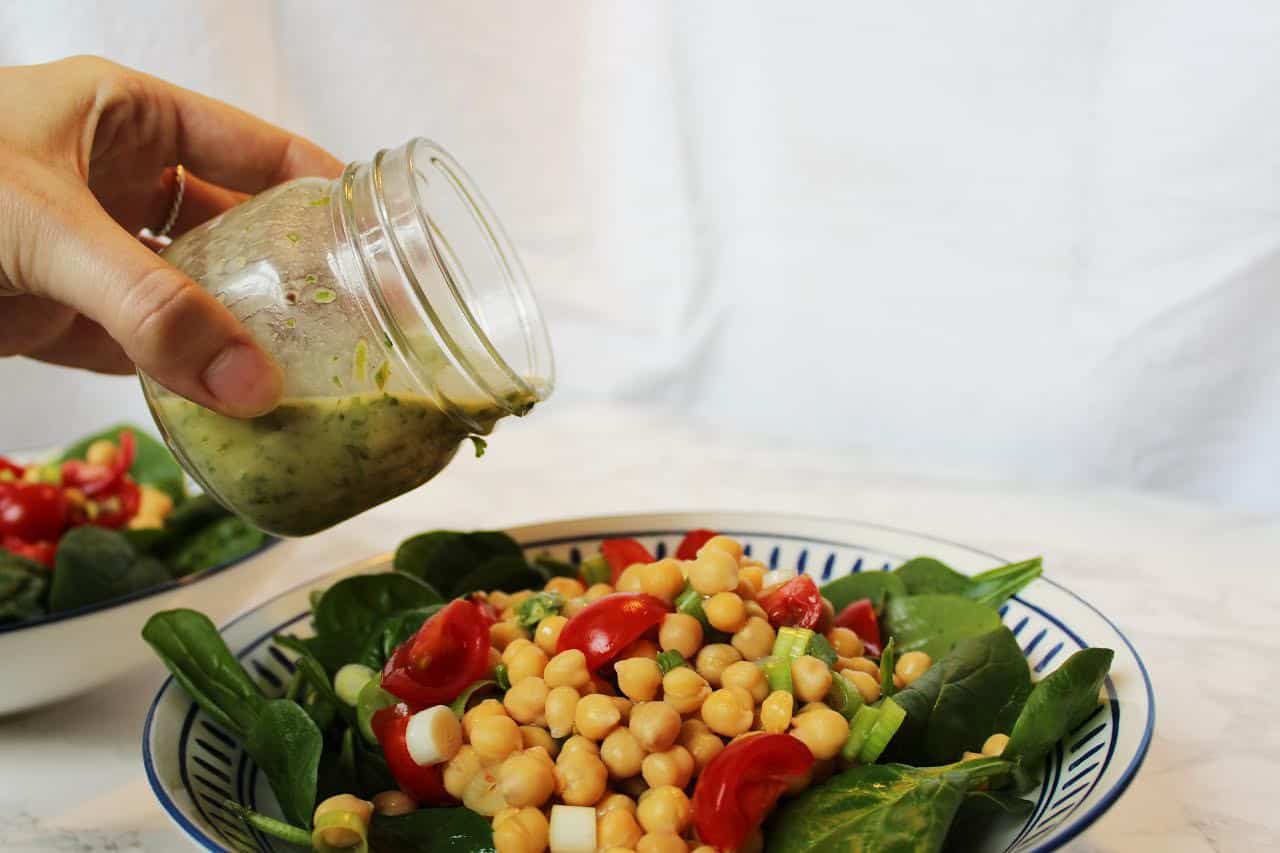 Spinach, Chickpea & Tomato Salad with Tahini & Coriander Dressing {Recipe}