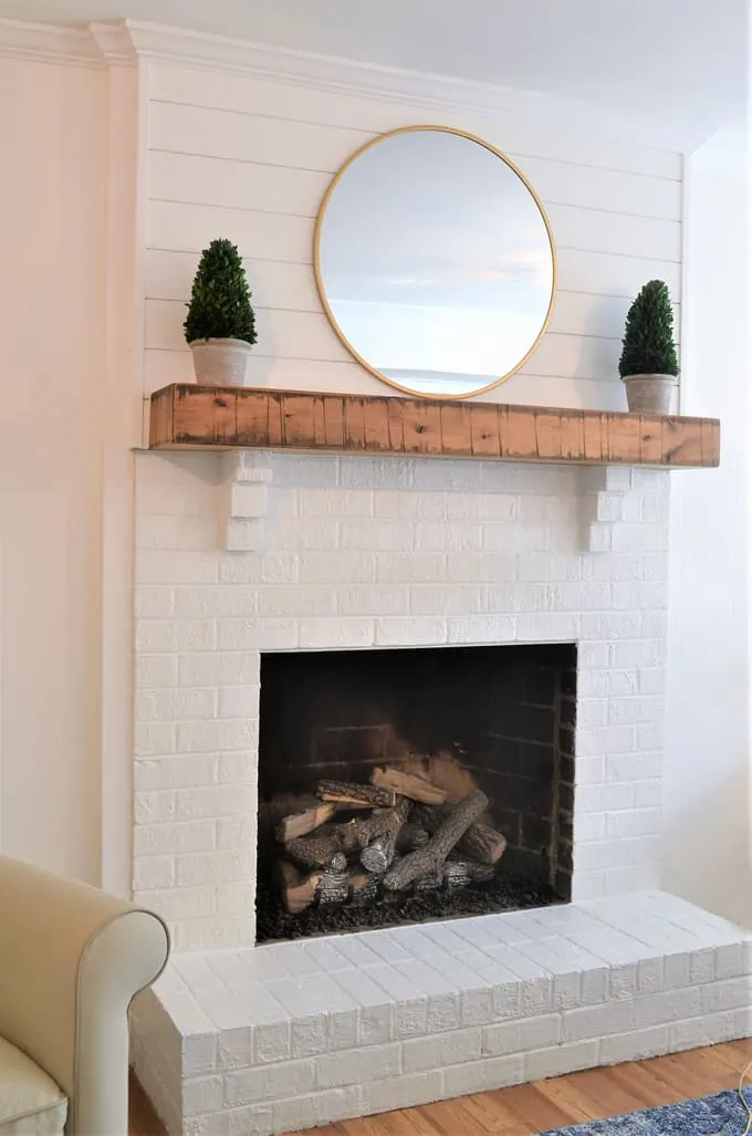 White Brick Fireplace Makeover, White Brick Fireplace With Shiplap Wall