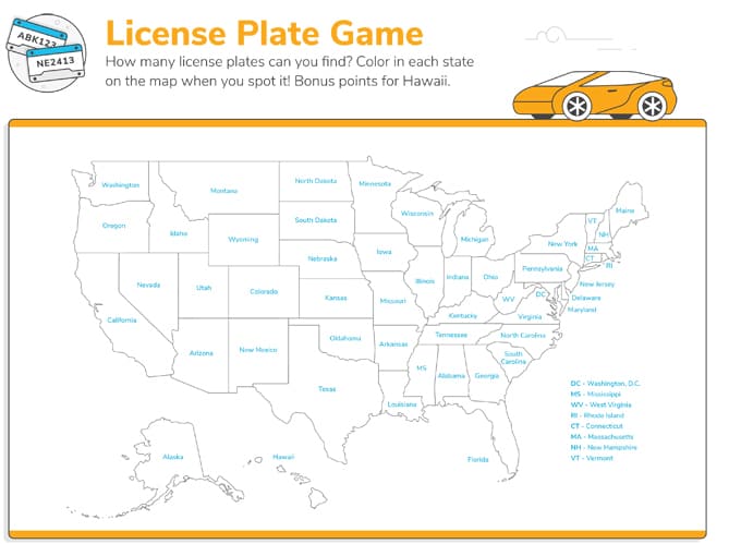 License Plate Game Coloring Map