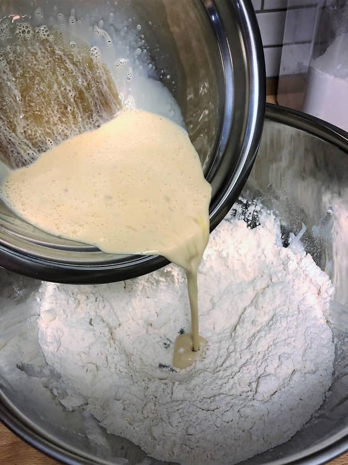 mixing wet ingredients into dry ingredients