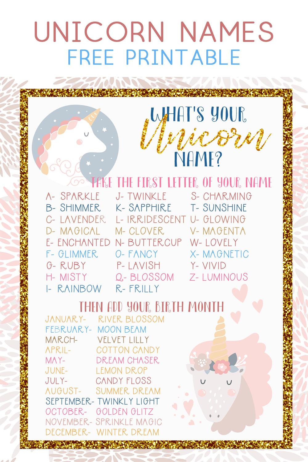 unicorn names printable