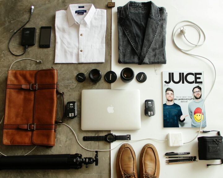 variety of items to pack laid out on floor