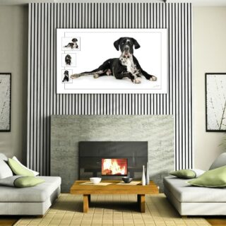 A living room with a fireplace, artwork, furniture, and wall panels.