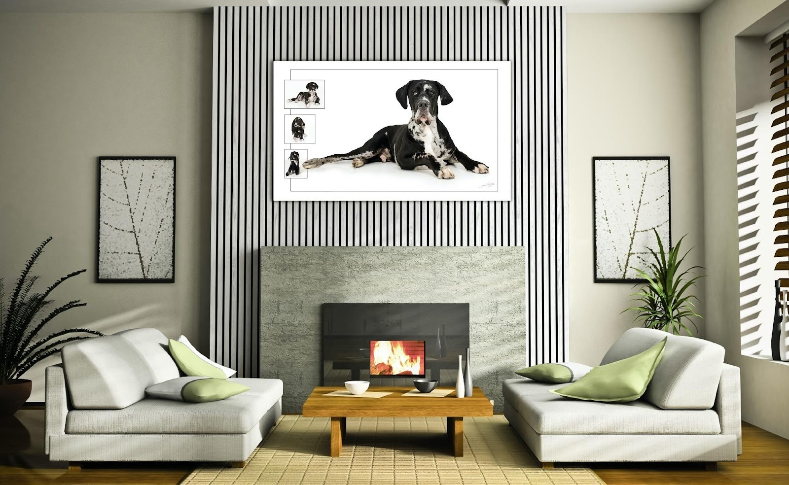  A living room with a fireplace, artwork, furniture, and wall panels.